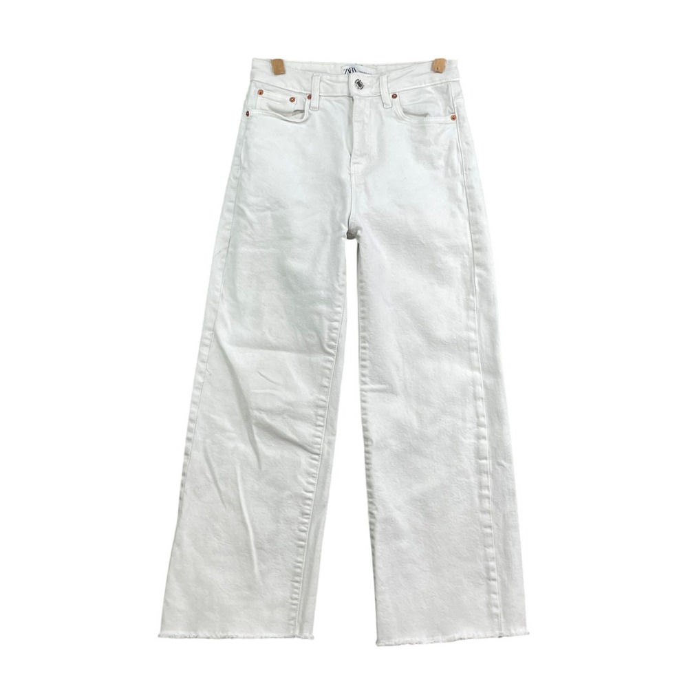 Zara Wide Leg Jeans Womens 2 White High Rise Raw Hem Stretch Denim Pants Y2K